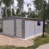 Plechová garáž 5×5×2,5 - bílý hliník RAL 9006 Lesk, sedlová střecha, výklopná vrata, okno PCV, dveře