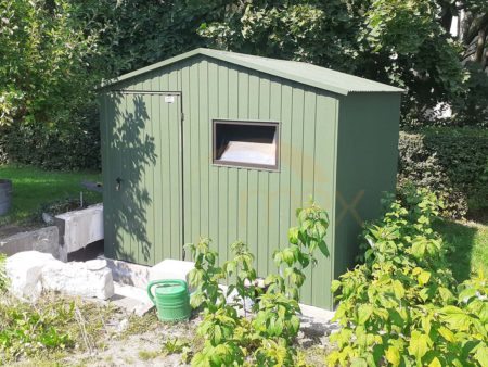 Zahradní domek 3x2 – chromová zelená BTX 6020 MAT, sedlová střecha, jednokřídlé dveře
